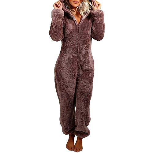 MUMUBREAL Womens Fleece Onesies Pajamas Jumpsuit Warm Sherpa Romper Sleepwear One Piece Zipper Hooded Playsuit Loungewear(Brown,M)