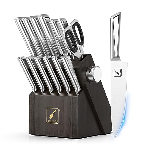 imarku 14 PCS Japanese Stainless Steel Kitchen Knife Set with Block, Built-in Sharpener, and Non-slip Ergonomic Handles - Dishwasher Safe