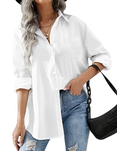 HOTOUCH Womens White Button Up Shirt Office Dress Loose Drop Shoulder Blouse with Pockets White, Medium, Long Sleeve