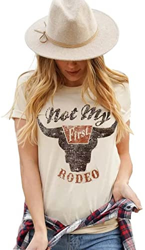 GEMLON Not My First Rodeo Cowgirl Western T-Shirt Tee Womens Casual Country Concert Short Sleeve Shirt Tops Apricot M