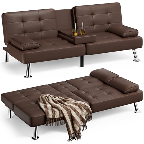 JUMMICO Faux Leather Upholstered Modern Convertible Folding Futon Sofa Bed with Removable Armrests, Adjustable Recliner Couch Bed Loveseat with 2 Cup Holders for Living Room (Leather, Dark Brown)