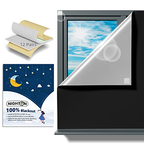 NIGHTON Portable Blackout Curtains 40'×57' Strong Hook and Loop Tape Strips with Adhesive,Blackout Shades That can be Cut,100% Blackout Material Blackout Blinds for Baby Nursery or Travel Use-Black