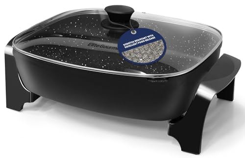 Elite Gourmet EG6203 Extra Deep 16'x13'x3.2' (10.5Qt.), Pour Spout, Dishwasher Safe, Marbled Non-stick Electric Skillet with Vented Glass Lid, Adjustable Temperature, Black