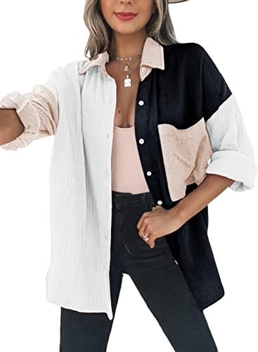 Dokotoo Classic Color Block Button Up Shirts for Women Comfy Roll Up Long Sleeve Turn Down Collar Soft Oversized Boyfriend Summer Tops Outerwear Blouse for Ladies Office Black L