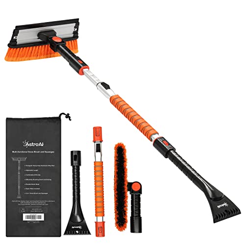 AstroAI 47.2' Ice Scrapers for Car Windshield, 3 in 1 Sturdy Snow Brush with Squeegee, 10 Adjustable Length Settings, Extendable Aluminum Handle, 270° Pivoting Snow Brush for Car, Truck, SUV(Orange)