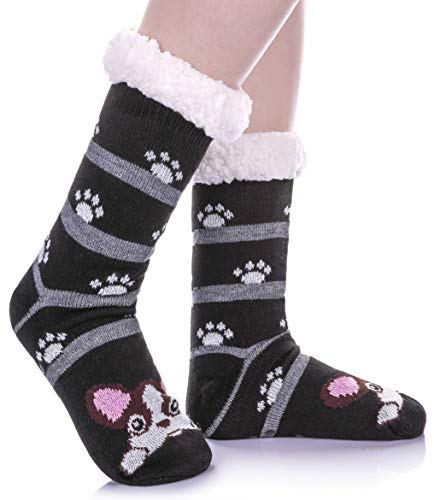 DYW Women Winter Thick Slipper Socks with Grippers Non Slip Warm Fleece Lining Fluffy Fuzzy Socks Christmas Gifts (Dog)