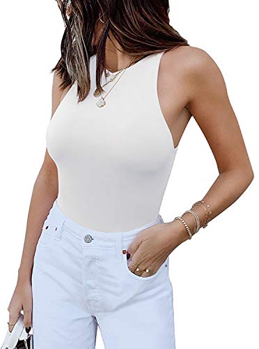 REORIA Womens Sexy Sleeveless High Neck Racer Back Halter Thong Bodysuits Leotard Tank Tops White Medium