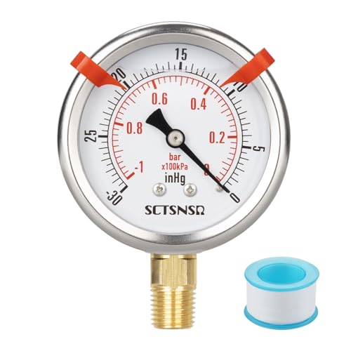 SCTSNSR -30 inHg to 0 Vacuum Pressure Gauge, Glycerin Liquid Filled, 2.5 inch Dial, 1/4' NPT Lower Mount, Stainless Steel Case, for Air Conditioning Line, Tank, Air Pump, HVAC, Pipe, Pressure Test