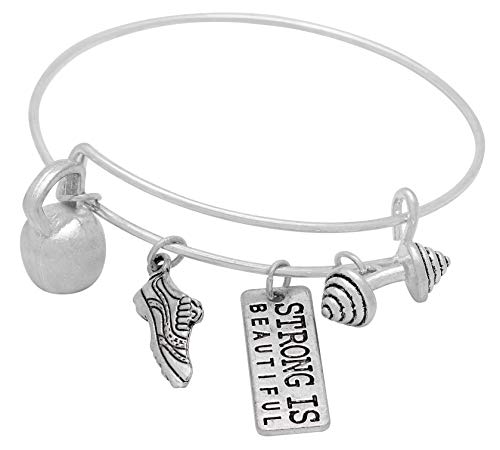 Art Attack Strong Is Beautiful Workout Gym Bracelet, Runner Weight Lifter Barbell Dumbbell Kettlebell Exercise Charms