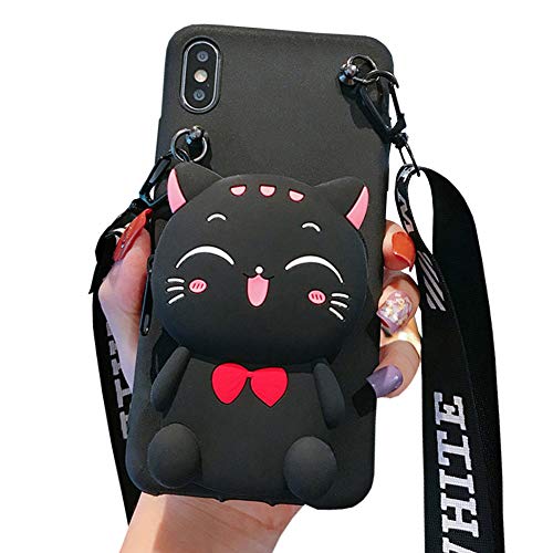 SGVAHY Phone Case for iPhone 6 Plus/iPhone 6s Plus Case Wallet with Long Strap Kawaii iPhone Case Cute Cat Phone Case Cover Soft Silicone Shockproof Cover Protective Case for Womens Girls Black