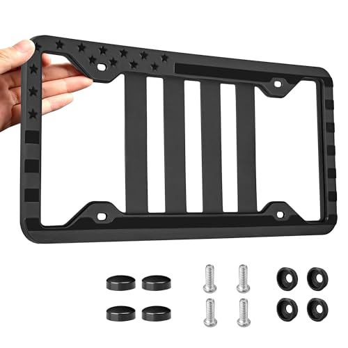 RED WOLF Silicone License Plate Frame American Flag Auto Tag Cover, Subdued 3D Stars and Stripes USA Flag Front Rear License Plate Bracket Holder, Black Rattle Proof w/Mounting Accessories