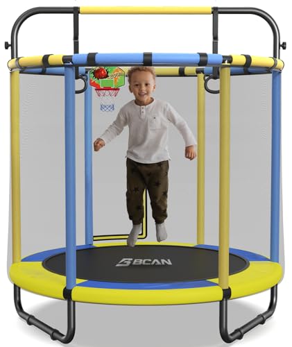 BCAN 60'' Mini Trampoline for Kids, 5FT Toddler Trampoline - Indoor/Outdoor Use with Enclosure Net, Thicker Foam Handle, Adjustable Gymnastics Bars, Basketball Hoop, Gifts for Boys & Girls
