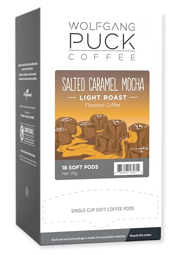 Wolfgang Puck Coffee, Salted Caramel Mocha Coffee, 9.5 Gram Pods, 18 Count