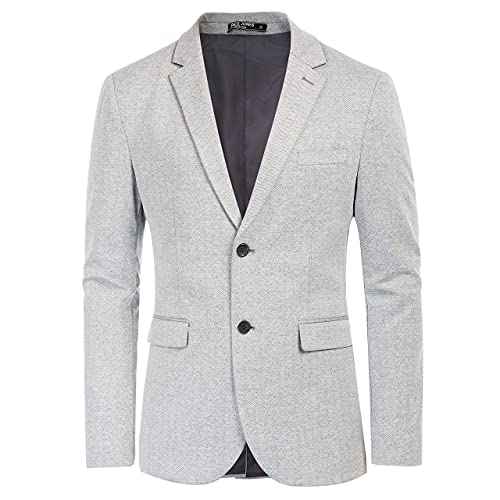 Men's 2 Button Herringbone Blazer Jacket Lightweight Casual Stretch Knit Sport Coat Light Grey L
