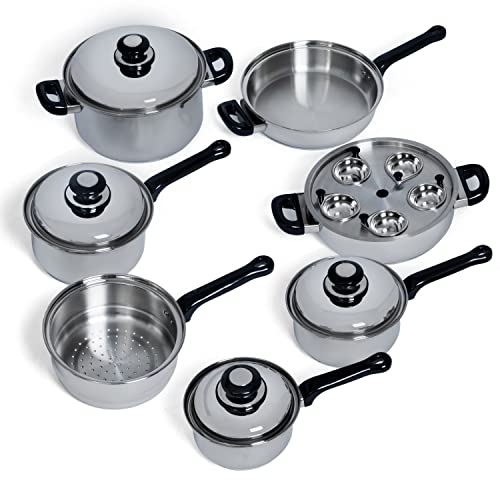 Maxam Waterless Cookware Set, Durable Stainless Steel Construction with Heat and Cold Resistant Handles, 17-Pieces