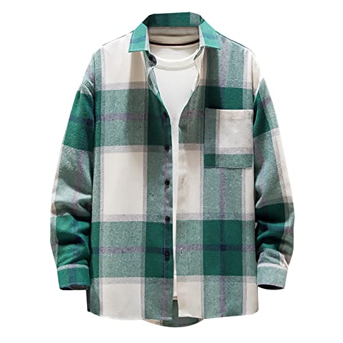 KSODFNXH Fleece Lined Flannel Jacket for Men Long Sleeve Stylish Plaid Lapel Coats with Pocket Button Plus Size Lightweight Loose Shirts Jacket Cotton Jacket Men Mens Flannel Jacket Green,Xx-Large