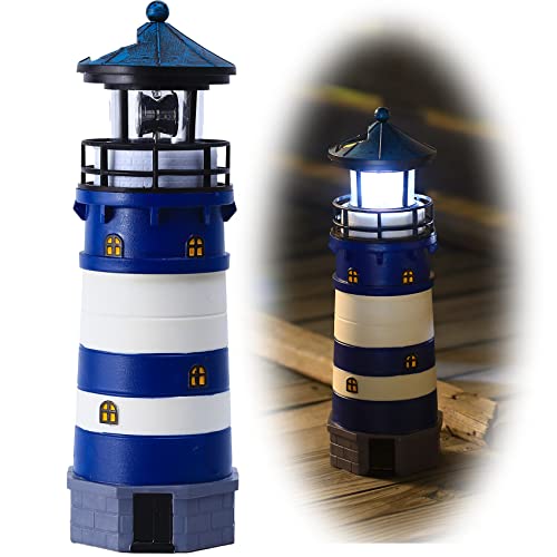 HSHD Lighthouse with Rotating Beacon LED Lights - Solar Lighthouse Lamp Outdoor Decorative for Garden Patio Well Cover Gifts (Blue1)