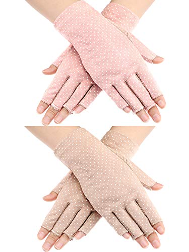 Maxdot 2 Pairs Sunblock Gloves Non Slip UV Protection Driving Gloves Summer Outdoor Gloves for Women and Girls (Pink and Khaki,Fingerless Style)
