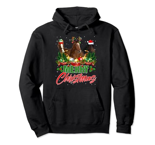 Funny Horses & Santa Claus Elf Hat Reindeer Horns Xmas PJS Pullover Hoodie