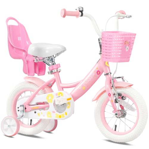 Glerc Maggie 12 Inch Girls Bike Ages 1 2 3 4 Years Old Kids Bicycle Princess Style with Doll-Seat & Basket & Training Wheels & Bell for Birthday, Pink & White