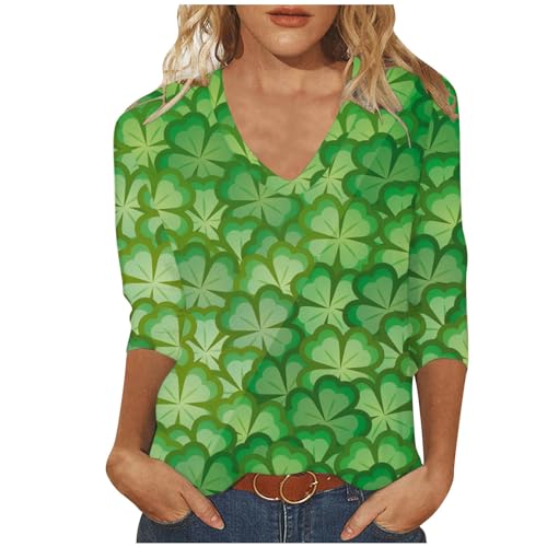 HGps8w 3/4 Sleeve St. Patrick's Day Shirts for Women Irish Green Shamrock Print Casual V Neck Lucky Clover Tops Blouses