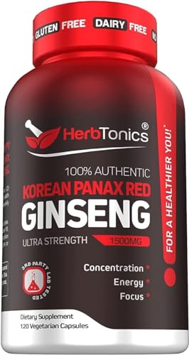 Herbtonics Korean Red Panax Ginseng 1500mg - High Potency Ginseng for Energy, Performance & Immune Support for Men & Women - Ginseng Root Extract Powder Supplement for Focus and Vitality -120 Capsules