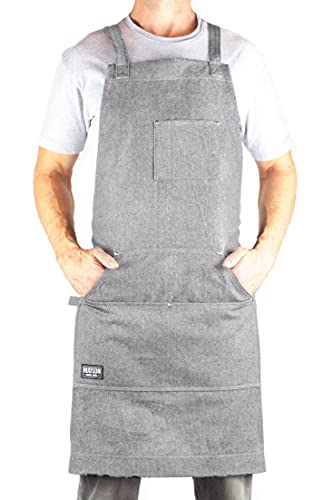 Hudson Durable Goods Adjustable Crossback Denim Apron with Pockets – 34 x 27 In. Chefs Apron with 4 Pockets and Loop Fits Most – Gray Denim Apron for Men and Women in Home or Commercial Settings
