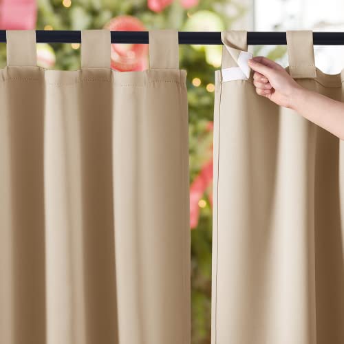 NICETOWN 2 Panels Outdoor Patio Curtainss Waterproof Room Darkening Drapes, Detachable Sticky Tab Top Thermal Insulated Privacy Outdoor Dividers for Porch/Doorway, Biscotti Beige, W52 x L84