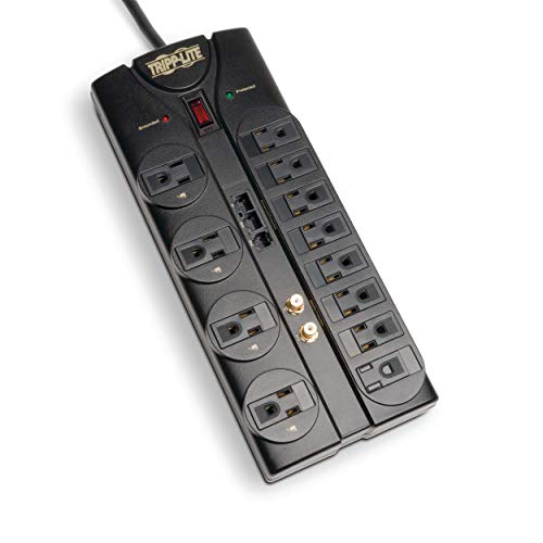 Tripp Lite 12 Outlet Surge Protector Power Strip, 8ft Cord, Right-Angle Plug, Tel/Modem/Coax/Ethernet Protection, RJ11, RJ45, & $250,000 INSURANCE (TLP1208SAT) Black