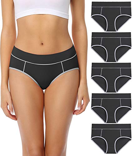 wirarpa Women's Cotton Underwear Comfy Mid Waisted Plus Size Briefs 5 Pack Breathable Ladies Panties Black Size L