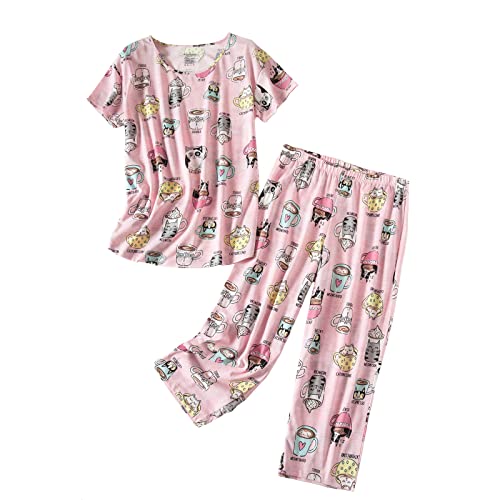 Inadays Womens Cotton Pajama Sets Short Sleeve Top With Capri Pants 2 piece sets for Women Summer Pajamas Lounge Set Cup Cat,XL