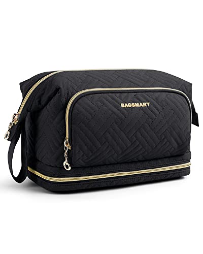 BAGSMART Travel Makeup Bag, Cosmetic Bag Make Up Organizer Case, Large Wide-open Pouch for Women Double Layers Purse for Toiletries Accessories Brushes Black