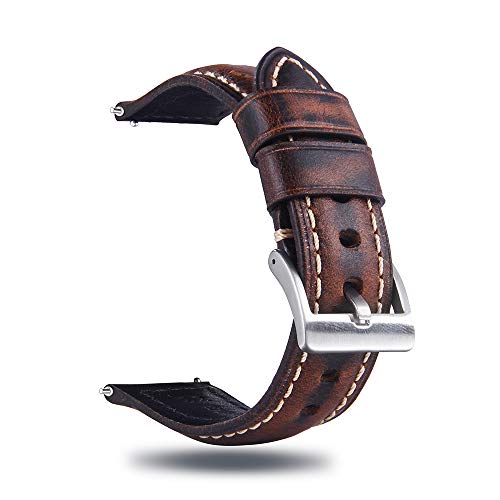 Berfine 20mm Quick Release Retro Leather Watch Band,Vintage Oil-tanned Pull-up Leather Watch Strap Replacement,Dark Brown