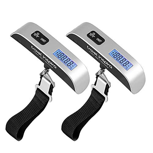 travel inspira Luggage Scale, Portable Digital Hanging Baggage Scale for Travel, Suitcase Weight Scale with Rubber Paint, 110 Pounds, Battery Included, Sliver, 2 Pcs