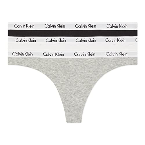 Calvin Klein Women's Carousel Logo Cotton Stretch Thong Panties, 3 Pack, Black/White/Grey Heather, Small