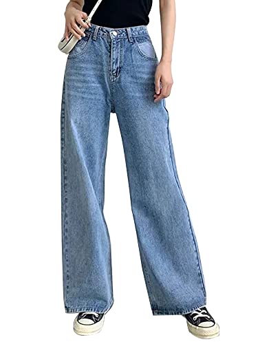 Women Wide Leg Jeans Baggy Blue Denim Jeans High Waist Loose Boyfriends Jeans Vintage Small