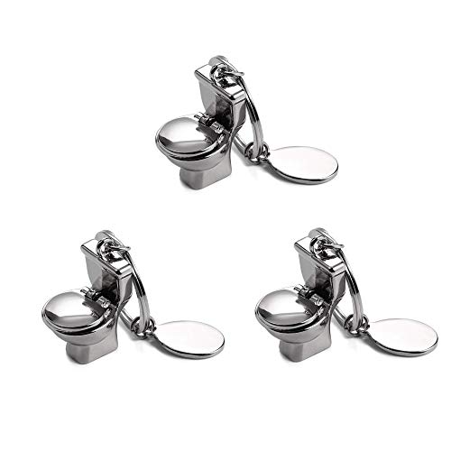 3 Pieces Metal Toilet Novelty Keychain Cool Funny Ring Handbag Pendant Decoration Kid Creative Gift Silver - Pack of 3