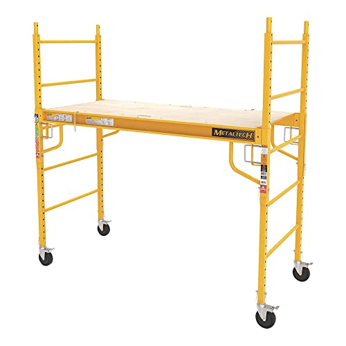 MetalTech Baker Adjustable Steel Platform Jobsite Series 6 Feet Tall Mobile Scaffolding Ladder with Locking Caster Wheels, Yellow
