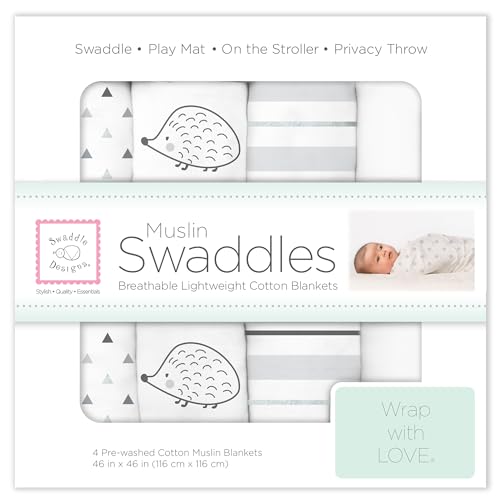 SwaddleDesigns Cotton Muslin Swaddle Blankets, Set of 4, Receiving Blankets for Baby Boys & Girls, Best Shower Gift, 46x46 inches, Black Hedgehogs