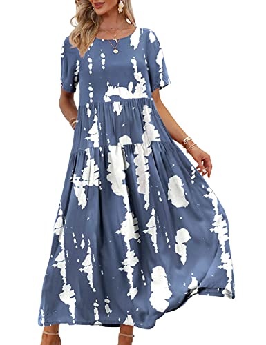 YESNO Women Casual Loose Bohemian Floral Dress with Pockets Short Sleeve Long Maxi Summer Beach Swing Dress 2XL EJF CR147