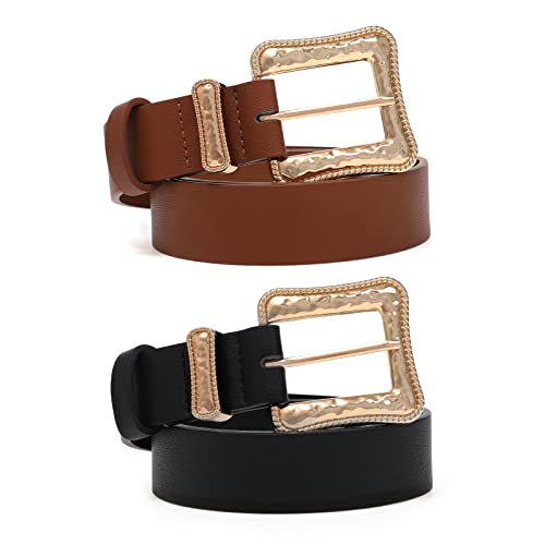 AWAYTR Leather Western Belts for Women - 2 pcs Ladies Vintage Design PU Leather Waist Plus Size Belt for Pants Dresses (Black/Brown,39inch)