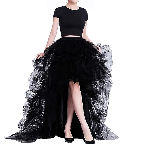 Lisong Women High Waist High Low Layered Tulle Floor Length Spectial Occasion Skirt M Black