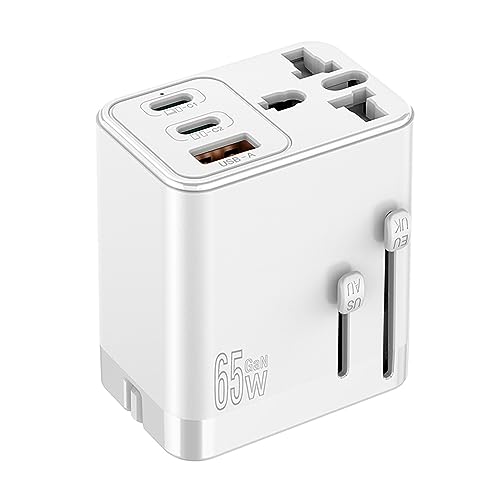 Universal Travel Adapter,65W GaN International Plug Adapter AC 100-250V Worldwide Travel Essentials USB C Power Adapter with 2 USB C 1 USB A Port Charger Block for US UK AUS EU