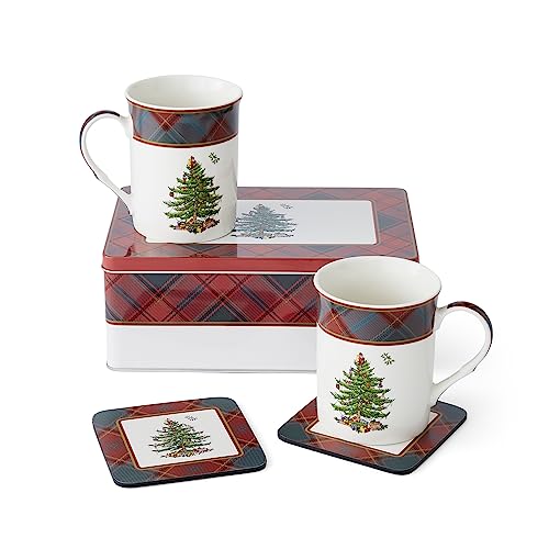 Spode Christmas Tree Tartan 5 Piece Mug and Coaster Set with Tin Gift Box - Festive Holiday Gift Set for Coffee and Tea - Porcelain Mugs and Cork-Backed Coasters - Dishwasher and Microwave Safe
