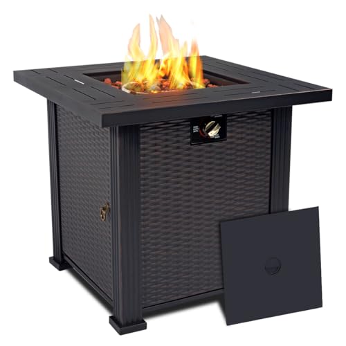 SENJOYS 28'' Propane Fire Pit Table, 50,000 BTU Steel Gas FirePit for Outdoor, Fire Table with Lid and Lava Rock, Add Warmth & Ambience to Gatherings and Parties On Patio Deck Garden Backyard, Black.