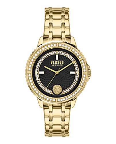 Versus Versace Montorgueil Collection Luxury Womens Watch Timepiece with a Gold Bracelet Featuring a Gold Case and Black Dial