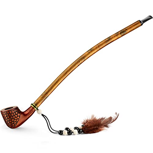 Extra Long 14' Stem Churchwarden Tobacco Pipe - With Indian Spirit Feathers & Beads - Hand Made Wood Smoking Bowl for Herbs - in Gift Box