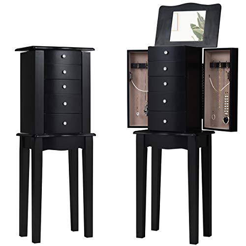 HOMGX Standing Jewelry Cabinet with Mirror, Wooden Jewelry Chest, Bedroom Jewelry Armoires with 5 Drawers, Black