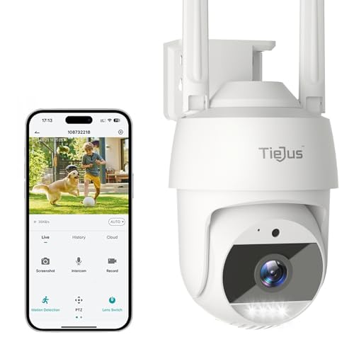 TIEJUS Security Camera Outdoor, 2K Outdoor Security Cameras with 360° PTZ, 2.4G WiFi Wired Home Surveillance Camera, 24/7/Color Night Vision/Spotlight/2 Way Talk/Compatible with Alexa/Voice Detection