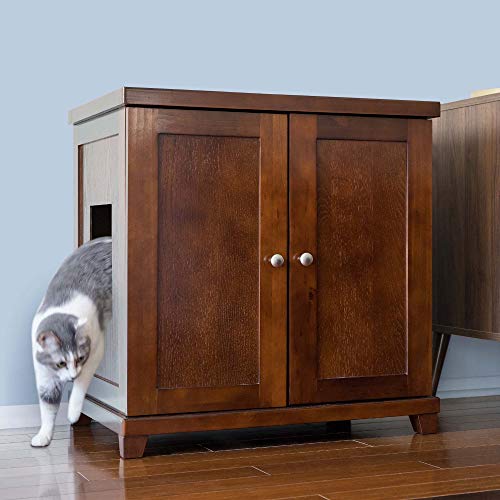 THE REFINED FELINE Cat Litter Box Enclosure Cabinet, Modern, Mahogany Brown, Tapered Feet, Large, Hidden Litter Cat Furniture with Drawer